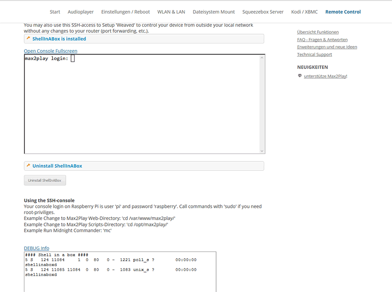 Max2Play Remote Control SSH