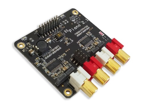 The Allo Pinao 2.1 DAC sound card with extra output for a subwoofer and 4 golden rca connectors, top view.