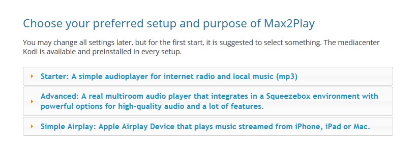 Max2Play Screenshot of the starter choice for pre konfigurated settings.