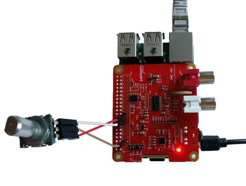 Example how to connect a rotary encoder to JustBoom DAC HAT sound card.