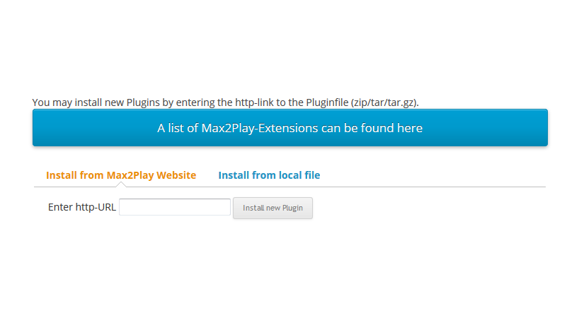 Max2Play screen of how to find and install new plugins.