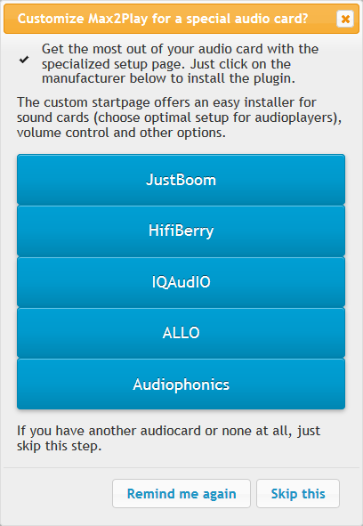 Max2Play screenshot of the new sound card starter choice, implemented in the new max2play version 2.40.