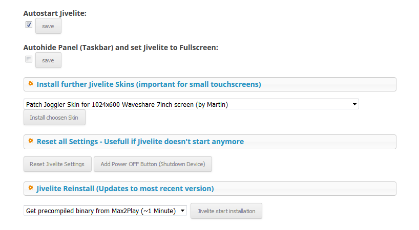 Max2Play Screenshot of the settings in the jivelite plugin.
