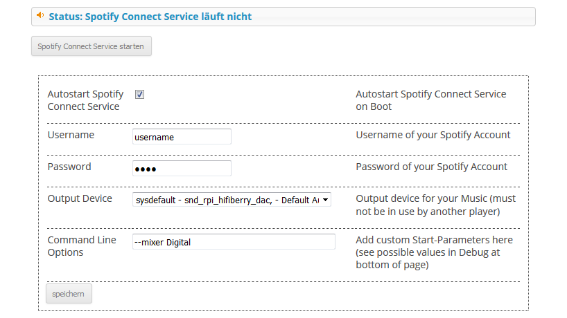 Einstellungen für Spotify Connect auf dem Raspberry Pi mit Max2Play.